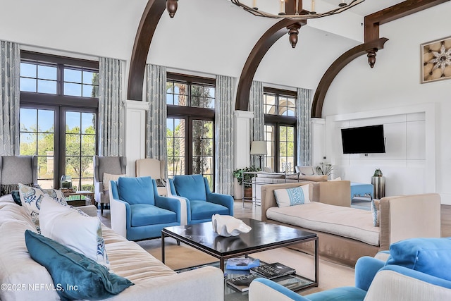 2919 Brettungar Dr, Jacksonville, FL 32224 - living area featuring high vaulted ceiling and beamed ceiling