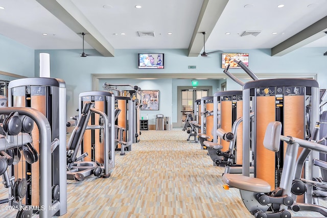 2919 Brettungar Dr, Jacksonville, FL 32224 - workout area featuring beamed ceiling, carpet flooring, and recessed lighting