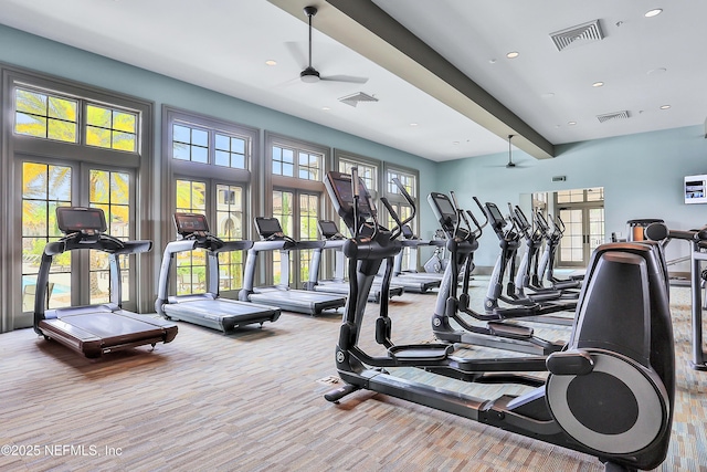 2919 Brettungar Dr, Jacksonville, FL 32224 - workout area featuring a ceiling fan, carpet flooring, and recessed lighting
