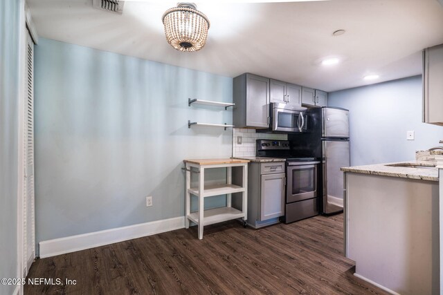 100 Fairway Park Blvd Unit 1306, Ponte Vedra Beach, FL 32082 - kitchen with appliances with stainless steel finishes, gray cabinetry, open shelves, dark wood-type flooring, and recessed lighting