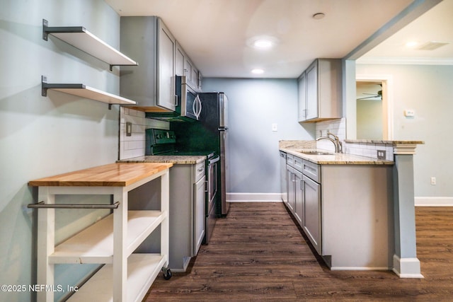 100 Fairway Park Blvd Unit 1306, Ponte Vedra Beach, FL 32082 - kitchen featuring open shelves, gray cabinetry, a sink, a peninsula, and backsplash