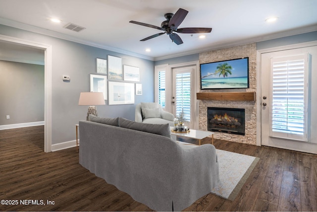 100 Fairway Park Blvd Unit 1306, Ponte Vedra Beach, FL 32082 - living area featuring a stone fireplace, dark wood finished floors, baseboards, ornamental molding, and ceiling fan