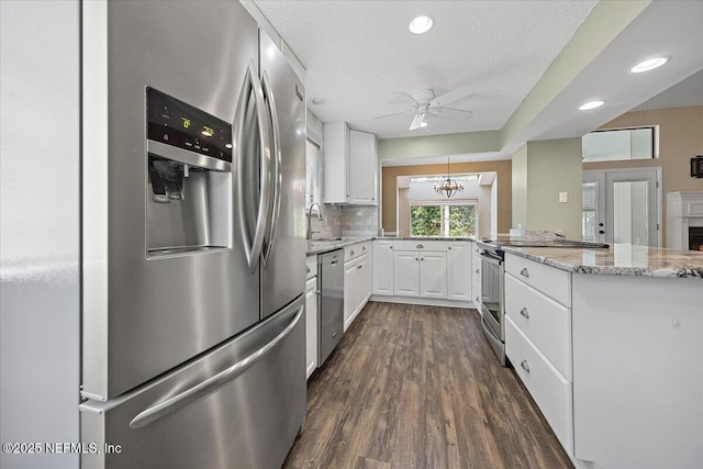 kitchen featuring appliances with stainless steel finishes, a peninsula, a ceiling fan, white cabinetry, and dark wood-style flooring