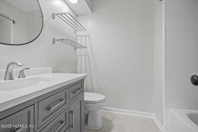 full bathroom with tile patterned floors, toilet, baseboards, vanity, and  shower combination
