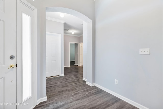 2120 Stone Creek Dr Unit E, Fleming Island, FL 32003 - hall with arched walkways, crown molding, dark wood-type flooring, and baseboards