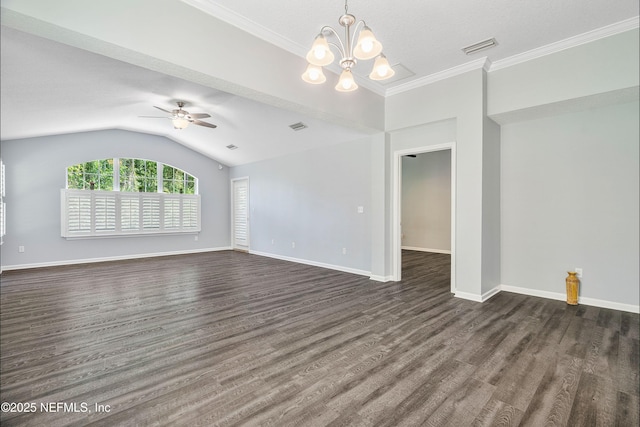2120 Stone Creek Dr Unit E, Fleming Island, FL 32003 - unfurnished living room with a chandelier, ceiling fan, dark wood finished floors, vaulted ceiling, and baseboards
