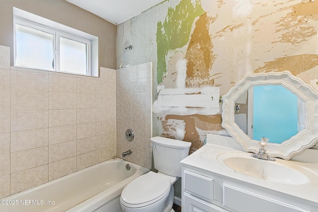 12613 Deeder Ln, Jacksonville, FL 32258 - bathroom with vanity, toilet,  shower combination, and wallpapered walls