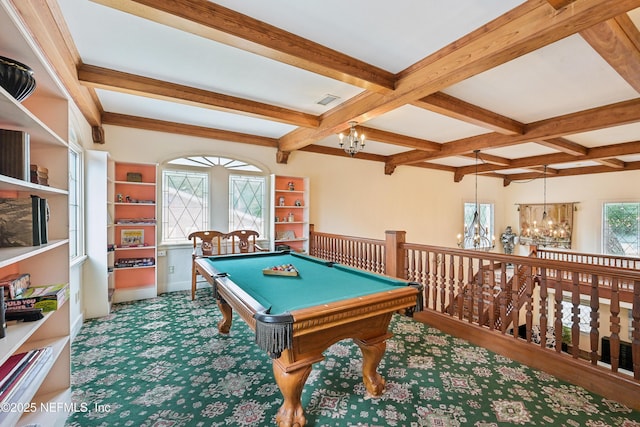 16 May St, Saint Augustine, FL 32084 - playroom with a chandelier, beamed ceiling, pool table, and coffered ceiling