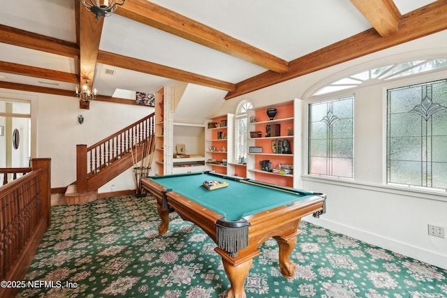 16 May St, Saint Augustine, FL 32084 - playroom with baseboards, pool table, carpet flooring, and beam ceiling