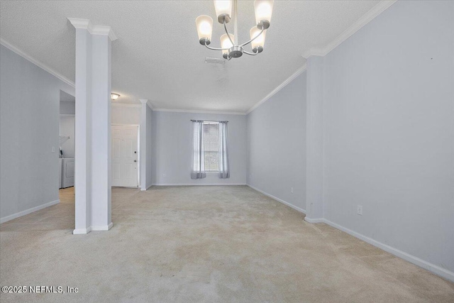 unfurnished living room featuring ornamental molding, carpet floors, a chandelier, baseboards, and a textured ceiling