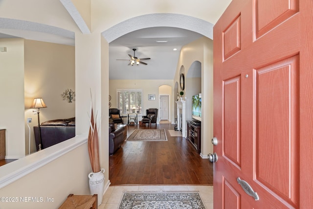 232 Porta Rosa Cir, Saint Augustine, FL 32092 - tiled entrance foyer featuring a ceiling fan, arched walkways, and vaulted ceiling