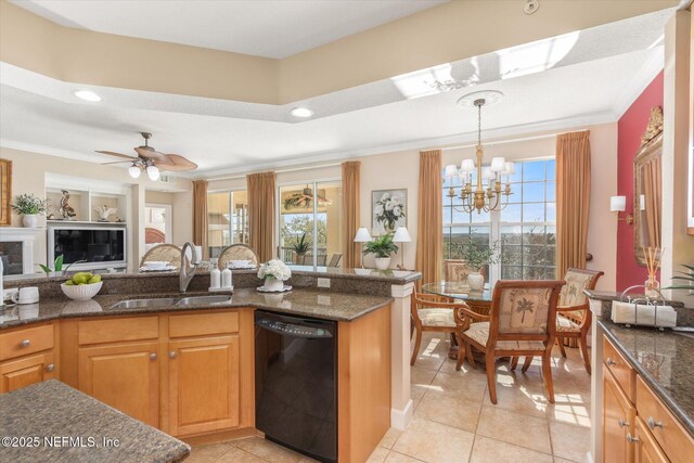 425 N Ocean Grande Dr Unit 205, Ponte Vedra Beach, FL 32082 - kitchen featuring black dishwasher, a sink, dark stone counters, light tile patterned floors, and ornamental molding