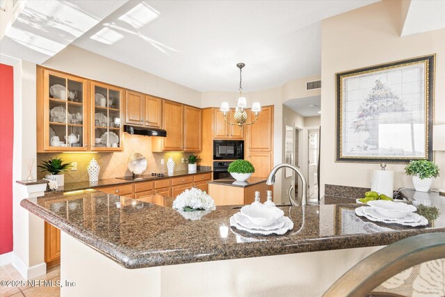 425 N Ocean Grande Dr Unit 205, Ponte Vedra Beach, FL 32082 - kitchen with black appliances, under cabinet range hood, dark stone countertops, glass insert cabinets, and backsplash