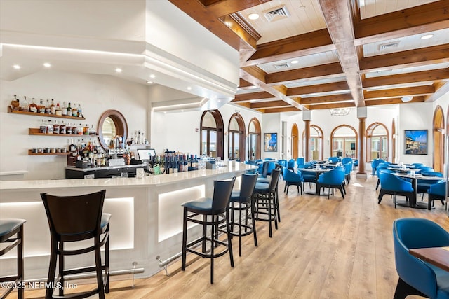 425 N Ocean Grande Dr Unit 205, Ponte Vedra Beach, FL 32082 - community bar area with light wood-type flooring, beam ceiling, coffered ceiling, and recessed lighting