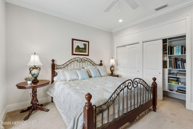 14103 Magnolia Cove Rd, Jacksonville, FL 32224 - bedroom featuring carpet, multiple closets, crown molding, baseboards, and a ceiling fan