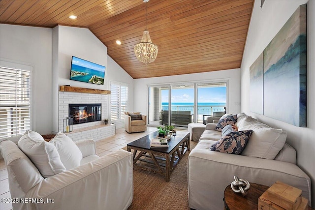 188 Sea Hammock Way Unit 188, Ponte Vedra Beach, FL 32082 - living area featuring wood ceiling, a chandelier, high vaulted ceiling, a brick fireplace, and recessed lighting