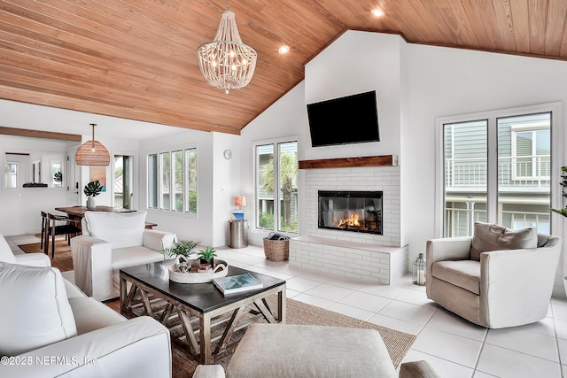 188 Sea Hammock Way Unit 188, Ponte Vedra Beach, FL 32082 - living room featuring wooden ceiling, light tile patterned floors, a fireplace, high vaulted ceiling, and a chandelier