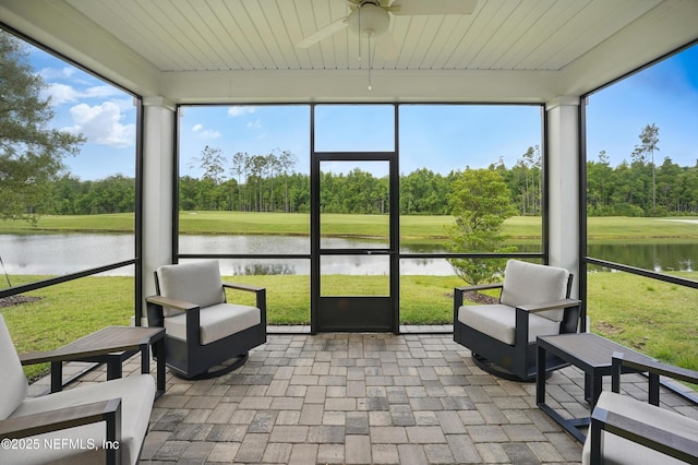 1459 Stillwater Blvd, Saint Johns, FL 32259 - sunroom / solarium with a water view, a ceiling fan, and view of wooded area