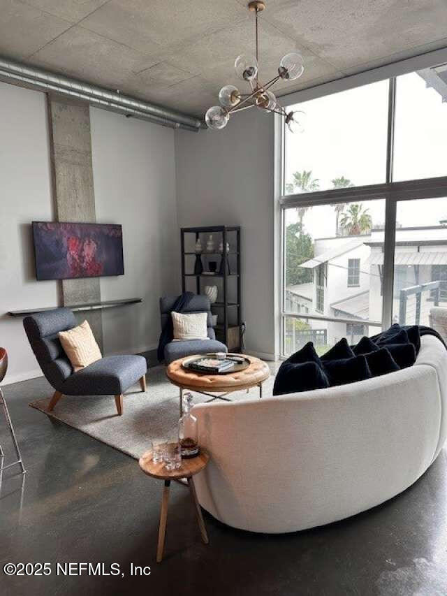 living room with a chandelier