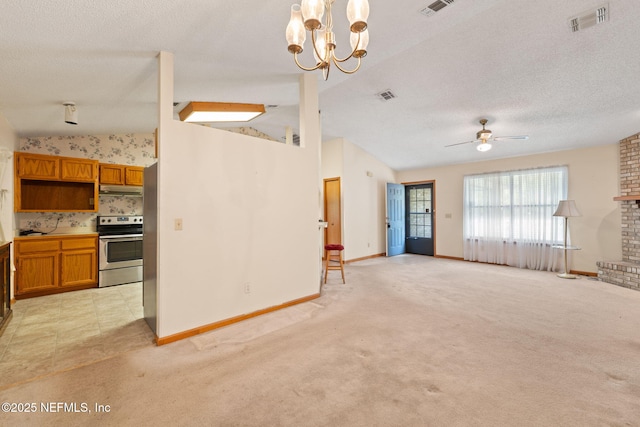 2658 Apache Ct, Middleburg, FL 32068 - unfurnished living room with vaulted ceiling, a textured ceiling, light carpet, baseboards, and a chandelier