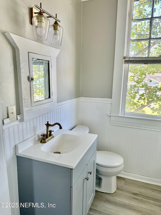 bathroom featuring wainscoting, vanity, plenty of natural light, wood finished floors, and toilet