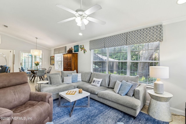 2738 Sea Grove Ln, Fernandina Beach, FL 32034 - living room with ornamental molding, ceiling fan, lofted ceiling, and recessed lighting