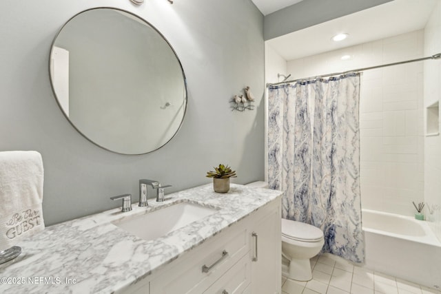 2738 Sea Grove Ln, Fernandina Beach, FL 32034 - full bathroom with vanity, toilet, shower / bath combination with curtain, and tile patterned flooring
