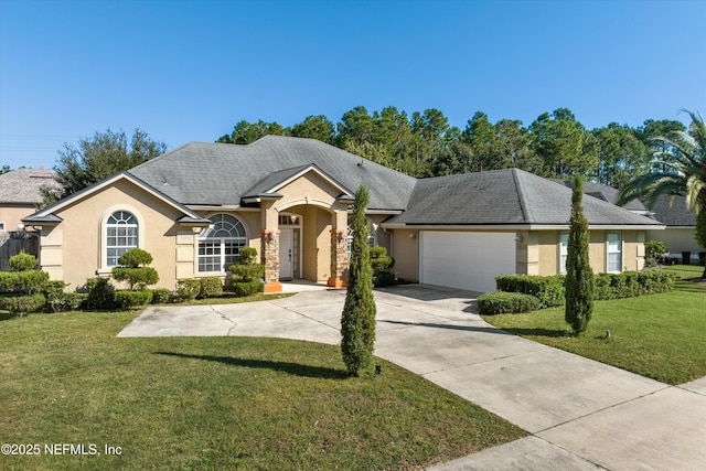 129 Lake Run Blvd, Jacksonville, FL 32218 - ranch-style home featuring stucco siding, driveway, an attached garage, and a front yard