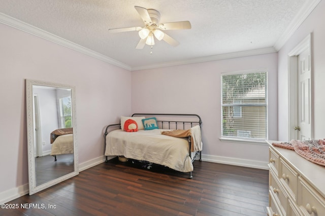 1821 W Windy Way, Saint Johns, FL 32259 - bedroom featuring dark wood-style flooring, ornamental molding, a textured ceiling, baseboards, and a ceiling fan