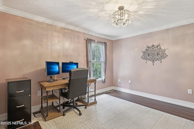 1821 W Windy Way, Saint Johns, FL 32259 - office area with wood finished floors, a chandelier, baseboards, ornamental molding, and a textured ceiling