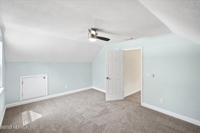 4310 Chokeberry Rd, Middleburg, FL 32068 - additional living space with lofted ceiling, ceiling fan, a textured ceiling, carpet flooring, and baseboards