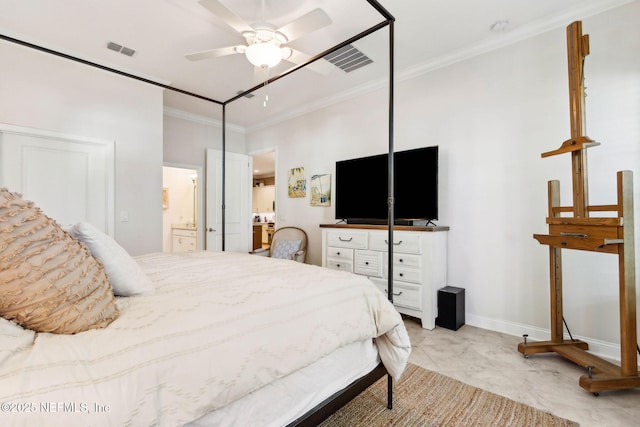 95282 Summerwoods Cir Unit 608, Fernandina Beach, FL 32034 - bedroom with ornamental molding, baseboards, light marble finish floors, ensuite bathroom, and a ceiling fan