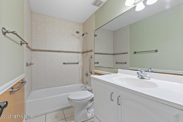 full bath featuring tile patterned floors, toilet, tub / shower combination, and vanity