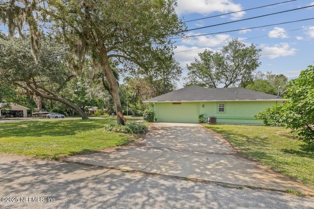 view of front facade featuring an attached garage, a front yard, driveway, central AC, and stucco siding