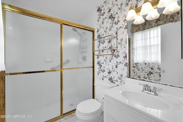 359 Carson Dr, Orange Park, FL 32073 - full bath featuring a chandelier, a stall shower, toilet, and vanity