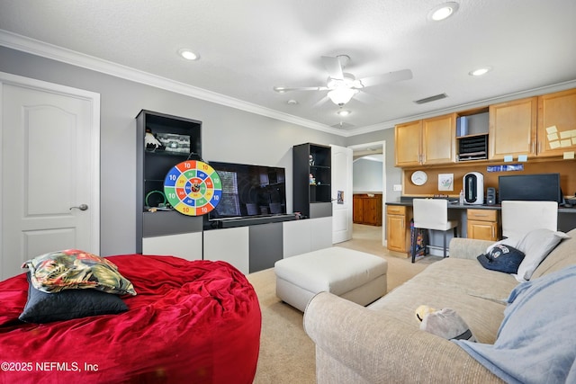 85053 Sagaponack Dr, Fernandina Beach, FL 32034 - living area with light carpet, a ceiling fan, ornamental molding, and recessed lighting