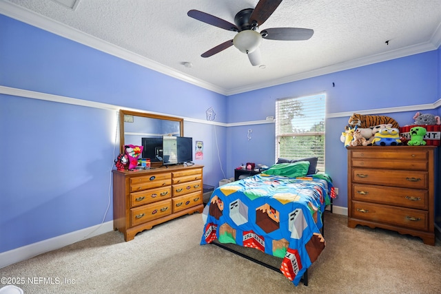 85053 Sagaponack Dr, Fernandina Beach, FL 32034 - bedroom with carpet flooring, a textured ceiling, ornamental molding, ceiling fan, and baseboards