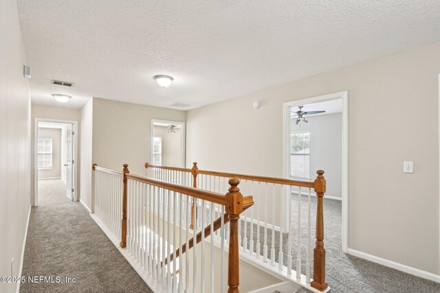 2454 Woodstork Ct, Saint Augustine, FL 32092 - hallway featuring carpet floors, a textured ceiling, baseboards, and an upstairs landing