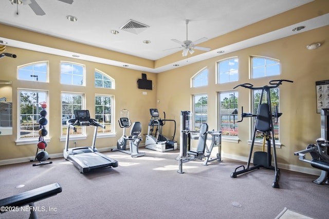 15831 Baxter Creek Dr, Jacksonville, FL 32218 - exercise room featuring ceiling fan, carpet flooring, and baseboards