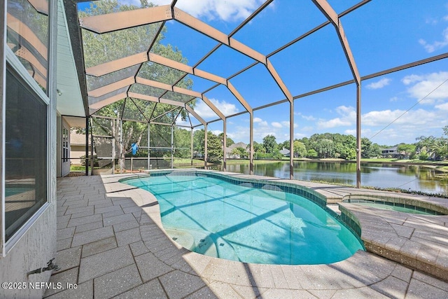1211 Spring Branch Rd, Saint Johns, FL 32259 - view of pool featuring a patio, a water view, a pool with connected hot tub, and glass enclosure
