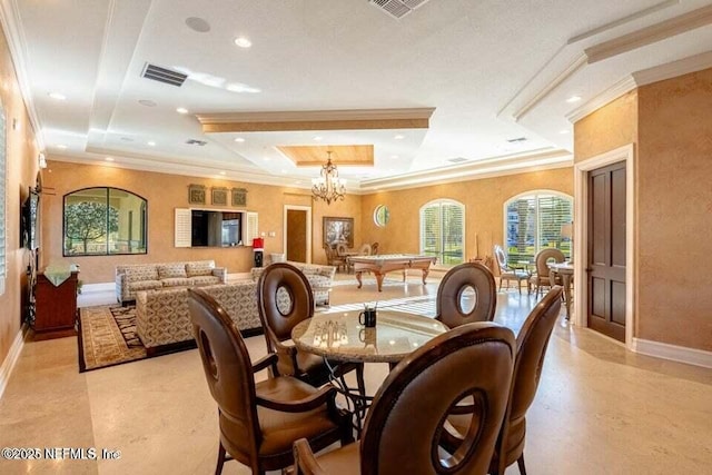 9745 Touchton Rd Unit 1521, Jacksonville, FL 32246 - dining area with crown molding, baseboards, a raised ceiling, a chandelier, and recessed lighting