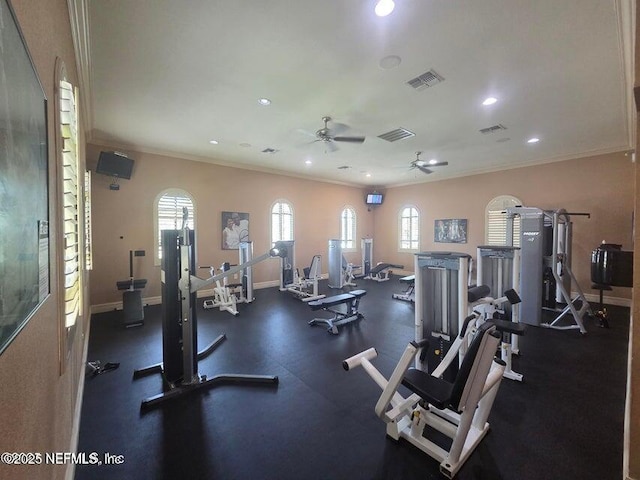 9745 Touchton Rd Unit 1521, Jacksonville, FL 32246 - exercise room featuring crown molding, recessed lighting, ceiling fan, baseboards, and healthy amount of natural light