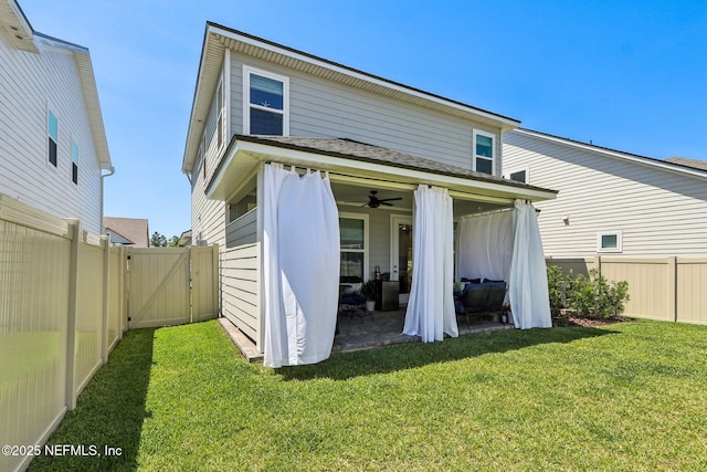102 Blue Oak Ct, Ponte Vedra, FL 32081 - rear view of property featuring a ceiling fan, a gate, a patio, and a shingled roof