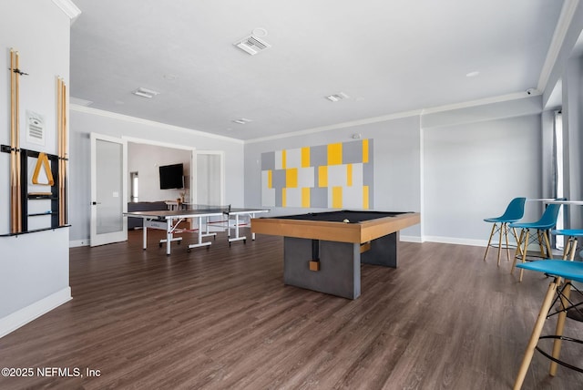playroom featuring crown molding, baseboards, pool table, dark wood-style flooring, and wallpapered walls