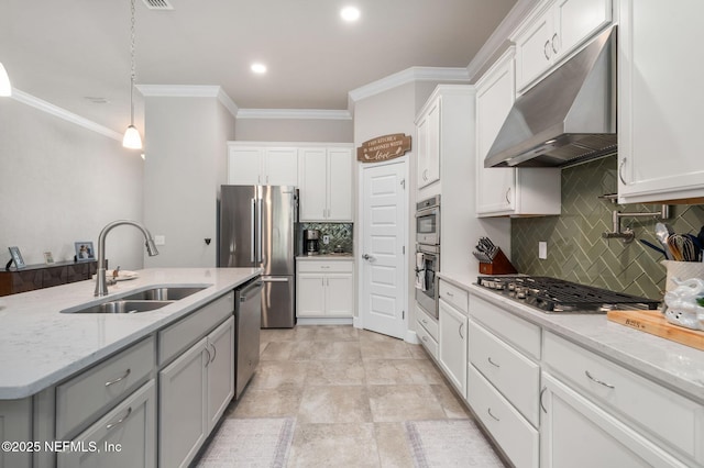 kitchen with a sink, under cabinet range hood, stainless steel appliances, ornamental molding, and backsplash