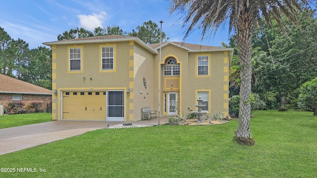 124 Lindsay Dr, Palm Coast, FL 32137 - view of front of house featuring stucco siding, driveway, a garage, and a front lawn
