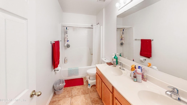124 Lindsay Dr, Palm Coast, FL 32137 - full bath featuring toilet, double vanity, shower / bath combo with shower curtain, and tile patterned floors