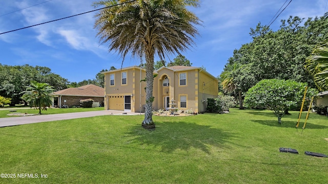 124 Lindsay Dr, Palm Coast, FL 32137 - view of front of home with a garage, concrete driveway, stucco siding, and a front yard