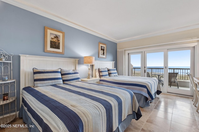 278 Sandcastles Ct, Fernandina Beach, FL 32034 - tiled bedroom featuring access to exterior, a water view, and ornamental molding