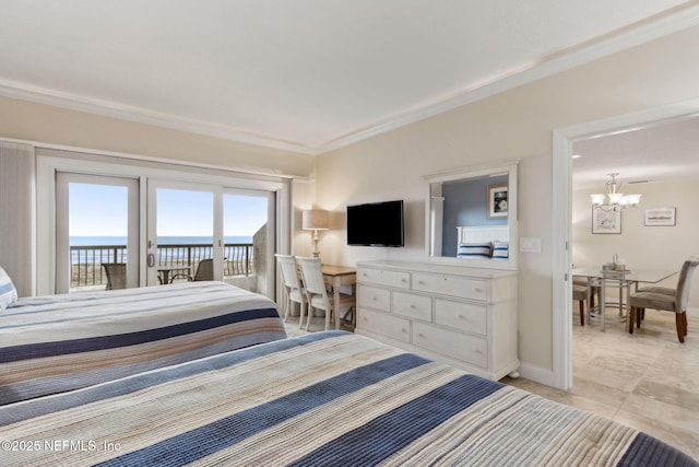 278 Sandcastles Ct, Fernandina Beach, FL 32034 - bedroom with a chandelier, access to outside, ornamental molding, and baseboards